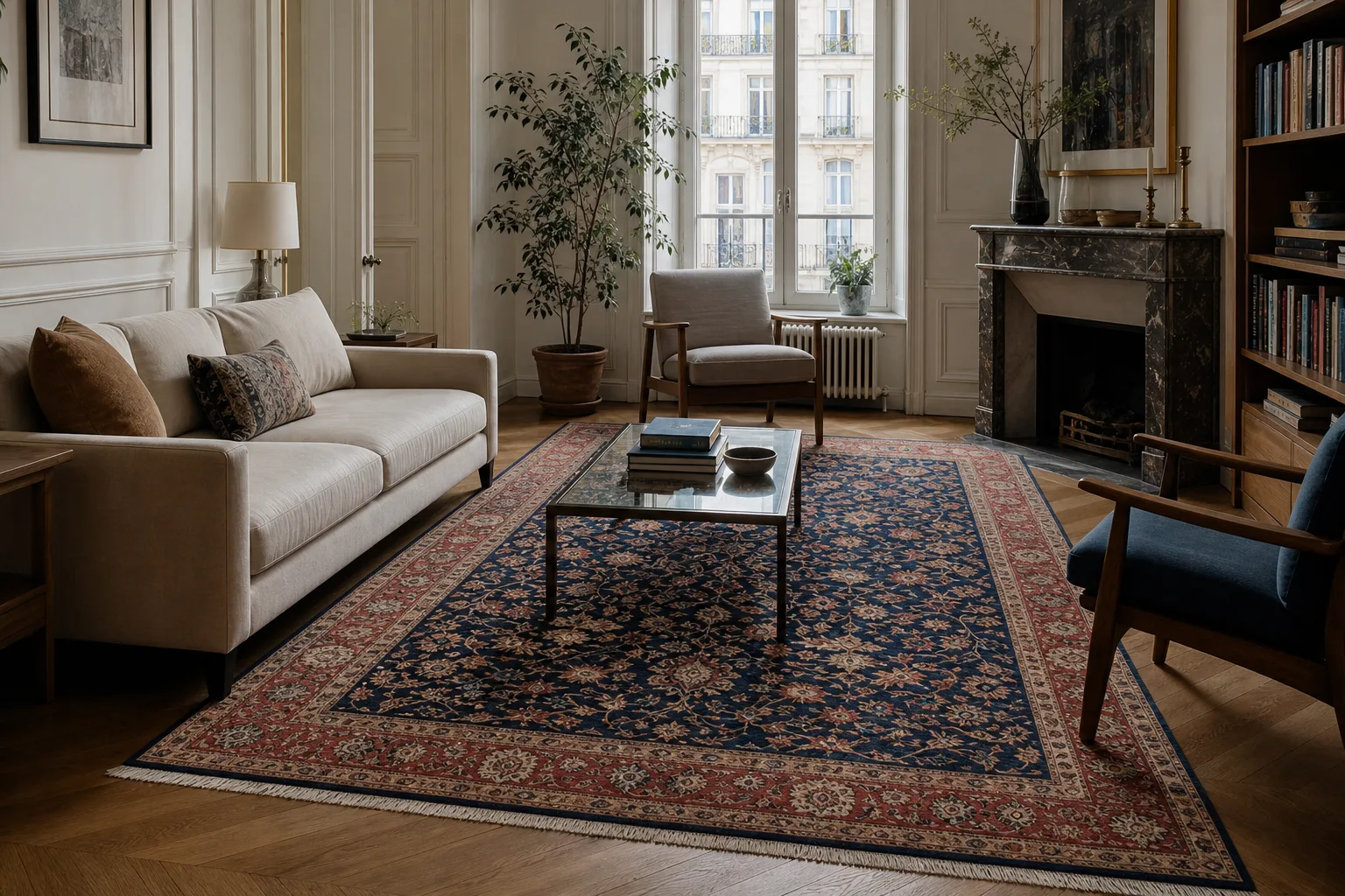 How do a rug's colour and pattern affect the atmosphere of a room?