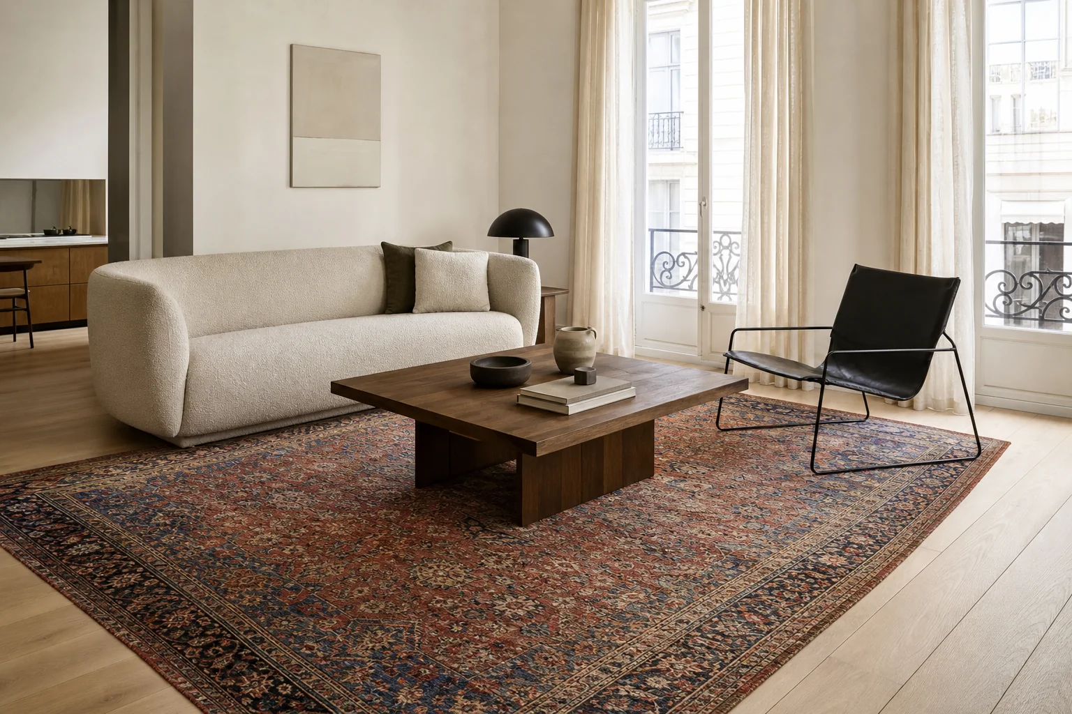 How can I incorporate a hand-knotted rug into a modern interior?